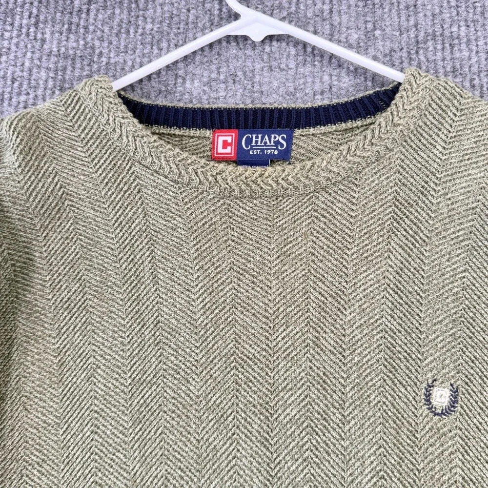 Chaps Sweater Mens Large Green Herringbone Knit Crewneck Cotton Pullover Logo